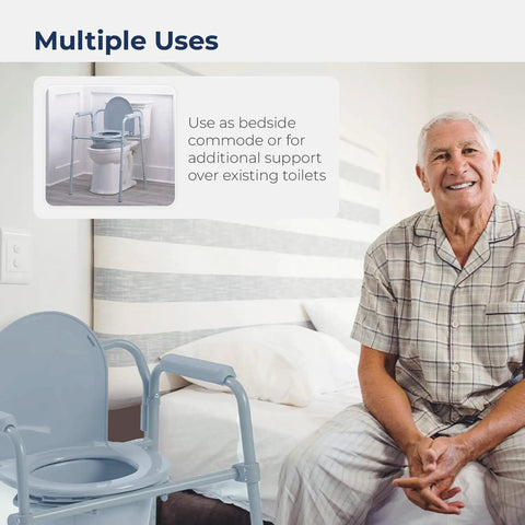 Foldable Steel Bedside Commode Chair 3 In 1 Raised Toilet Seat And Bathroom Safety Frame Featuring Pretty Dang Sturdy 350 Lb Capacity Portable Gray Commode For No Sweat Recovery next to bed for added support.
