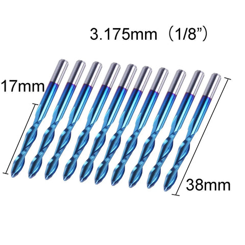 Nano Blue Coat Ball Nose End Mill Set For CNC Router Bits, 10 Pieces Spiral Upcut, One Eighth Inch Shank, Two Flute Mill, High Precision 3.175mm Shank, 17mm Cutting Edge, 38mm Overall Length, Ideal For 3D Relief Carving And Engraving