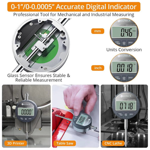 Digital Dial Indicator Gauge With Magnetic Base And Storage Case 0 To 1 Inch 25.4mm, displayed with conversion and application examples.