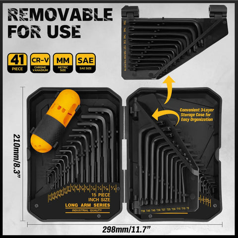 41 Piece Hex Key And Torx Wrench Set With Torque Handle In Storage Case Includes SAE And Metric Sizes 0.028 To 0.375 Inches And 0.7mm To 10mm Plus Torx T9 To T50 Heat Treated Chrome Vanadium Steel displayed in an open storage case.