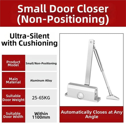 Diagram of Quiet Soft Closing Door Closer With Hydraulic Buffer Aluminum Alloy Silver Finish For Residential Doors 25 To 85 KG
