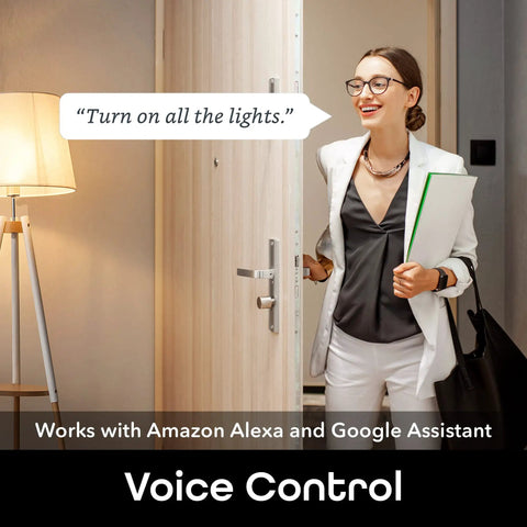 Professional using LUX Edison WiFi LED Smart Bulb to voice control lighting with Alexa and Google Home, entering room