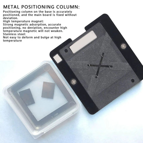Six In One BGA Reballing Stencil Kit With Stainless Steel Magnetic Jig showing metal positioning column and magnetic base detail.