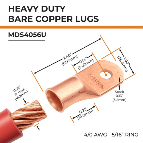 Heavy Duty Beefy Bare Copper Battery Lugs Set 25 Pcs 0000 Gauge Ring Terminals, product dimensions and features diagram.