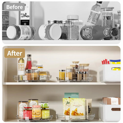 Before and after images of kitchen organization with Smooth As Butter 4 Pack Lazy Susan Turntables on shelves.