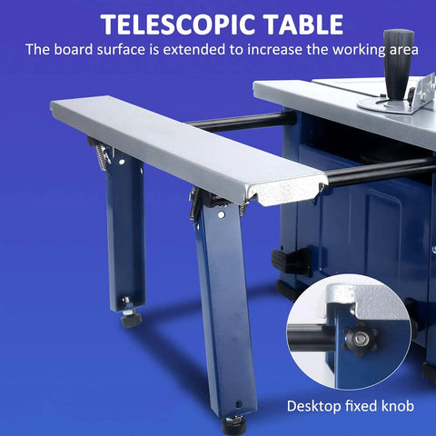 Badass Retractable Table Saw Featuring A Kicker 1800 Watt Motor For Razor Clean Cuts On Lumber Aluminum And Pvc 45 Degree Bevel Range showing telescopic table extension for increased workspace.