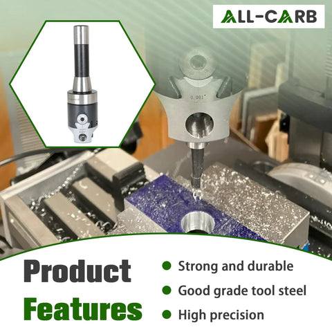2 Inch Boring Head With R8 Shank 9 Piece Pro Grade Carbide Boring Bar Set Half Inch Boring Bars Milling Head Kit With Micrometer Lead Screw For Ultra Precise Adjustments And Smooth Milling, in use on CNC machine with metal block.