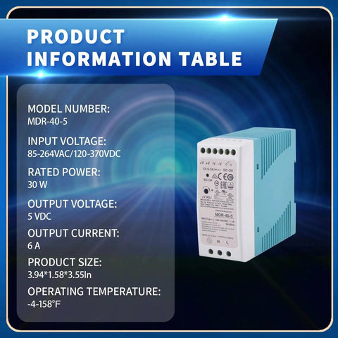 30W 5V DC DIN Rail Power Supply With 6A Output Wide Input 85 to 264 VAC Or 120 to 370 VDC Class I Division 2 Hazardous Location on DIN rail