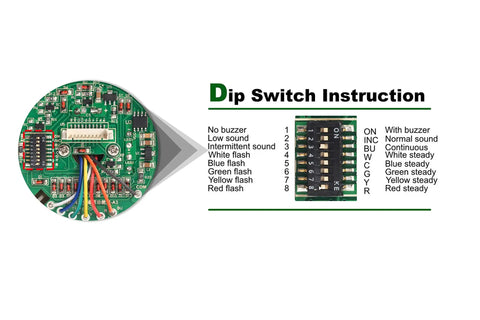 Top Notch Four Stack Led Andon Tower Light With Built In Buzzer For Industrial Workstations wiring diagram and dip switch instructions.