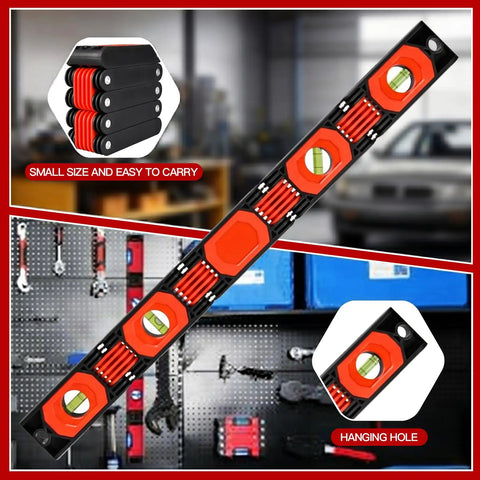 No Sweat 24 Inch Folding Level With Magnetic Aluminum Build, Four Crystal Clear Bubble Vials, Five Hinge Multi Angle Flex For Tight Corners, Pipe Runs And DIY Projects That Gonna Nail It Every Single Time, shown folded and easy to carry