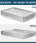 Comparison of heavy duty aluminum baking sheet pan set 26 by 18 inches 6 pack showing thick rims preventing warping.