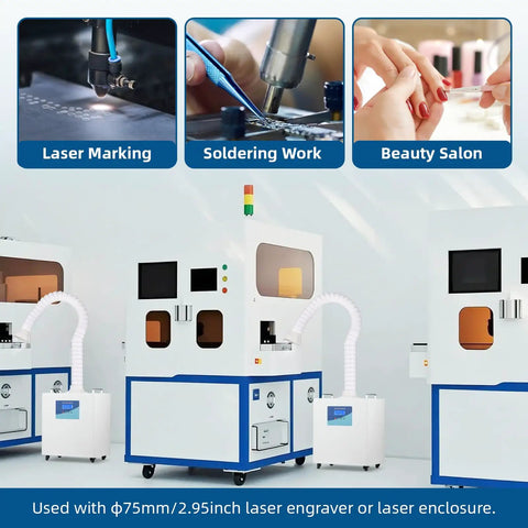 Solder Fume Extractor for Laser Engraving and Welding next to laser engraver and soldering work setup in workshop.