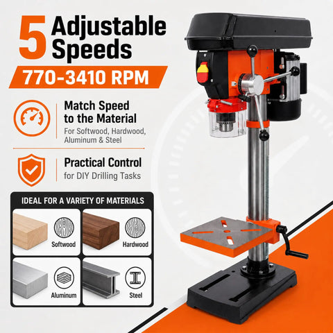 Ridfy 8 Inch Benchtop Drill Press, 5 Speed 770-3410 RPM With Tilt Table for Wood Metal DIY Maker Projects with adjustable speed.
