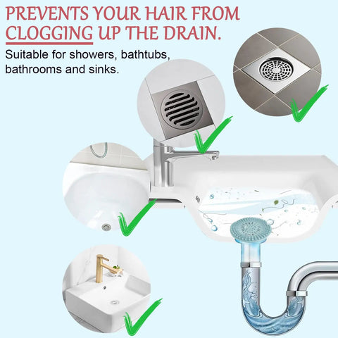 Banish Clogged Drains Fast With This Flexible Drain Strainer Set, showing installations for various sinks and bathtubs preventing clogs.