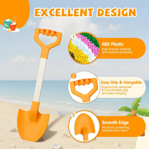 20 Inch Kid Friendly Beach Shovels Set Heavy Duty Plastic Sand Scoops for Beach with ergonomic grip and smooth edge design.