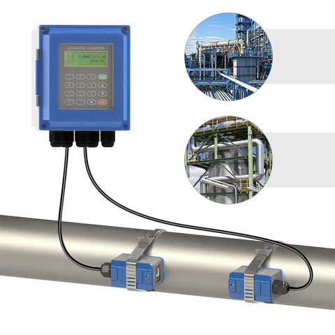 Portable Ultrasonic Water Flow Meter with IP67 Main Unit and IP68 Sensor TS-2 Transducer installed on a pipe in industrial setting.