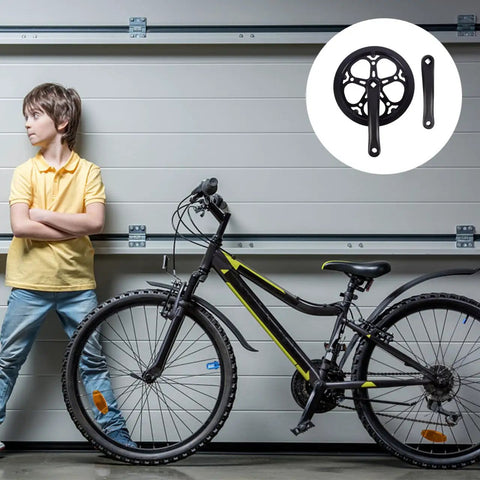 Beefed Up Heavy Duty 170mm 52T Square Taper Crankset With Double Chain Guard, displayed next to mountain bike and person