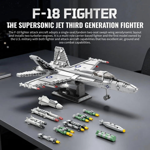 F-18 Hornet Fighter Jet Building Set For Adults With 1387 Pieces, Realistic Retractable Landing Gear, Movable Wings, Display Stand