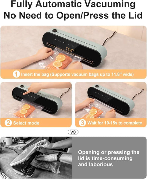 Automatic Vacuum Sealer Machine With One Touch Operation Keeps Your Grub Fresh For Weeks in action, demonstrating easy bag loading.