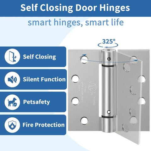 Diagram showing Spring Loaded Self Closing Door Hinges 4.5 Inch Brushed Nickel for exterior and garage doors with features.