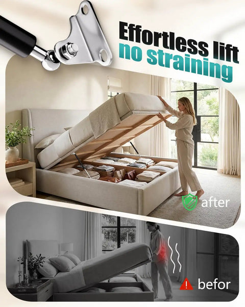 23 Inch Gas Struts With Heavy Duty Mount Brackets For RV Bed Support And Storage Hatches 100 Pound Force 2 Pack in use lifting bed.