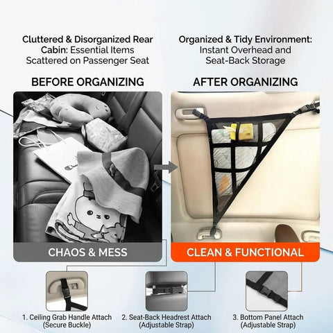 Overhead Car Ceiling Cargo Net For Pajero Mirage And Attrage Clear Mesh Organizer showing before and after organizing