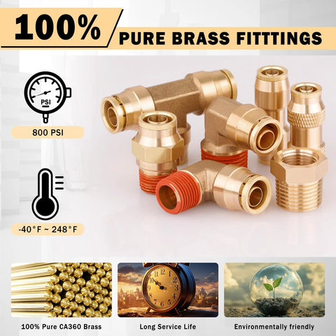 Front view of CheeMuii 76-pcs brass DOT air line fittings kit with push-to-connect and NPT threads