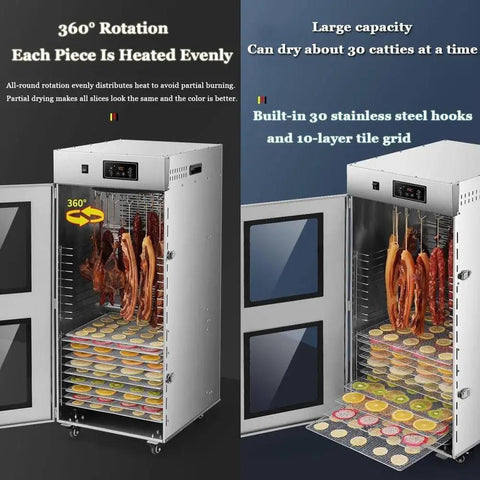Top Notch Commercial Electric Food Dehydrator with 360° rotation, 10-layer grid, and 30 stainless steel hooks for drying meats and produce.