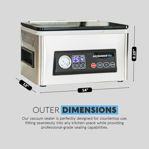 Front view of stainless steel Avid Armor chamber vacuum sealer with digital display, gauge, and 11.5-inch sealing bar.