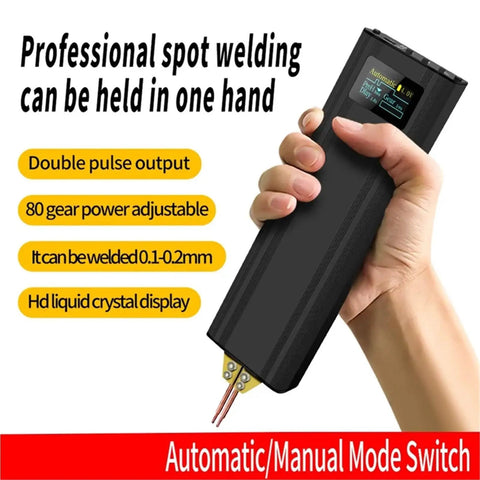 Handheld Dual Pulse Spot Welder With 80 Adjustable Speeds And Color Screen Digital Display shown in hand with functions