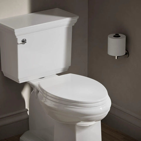 Revamp Your Bathroom With This Top Tier Quiet Close Elongated Toilet Seat In Crisp White Featuring Sturdy Mounting Bolts And Quick Attach Hardware That Gets You Set Real Quick For Everyday Comfort - side view of toilet.