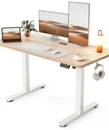 Electric Height Adjustable Standing Desk 48x24 Inches With White Frame And Maple Top, Sit Stand Home Office Desk, Smooth Electric Lift With Accessories