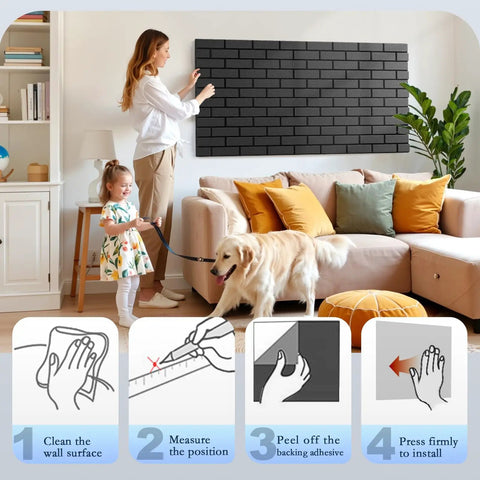Woman installing 12 Pack Acoustic Panels Self Adhesive 3D Brick Pattern Sound Proof Wall Panels in living room, black color.