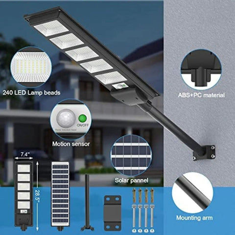 All Season Sun Powered Stunner Solar Outdoor Wall Floodlights With Smart Motion Sensor and Wireless Remote for Driveway Security showing 240 LED lamp beads and motion sensor.