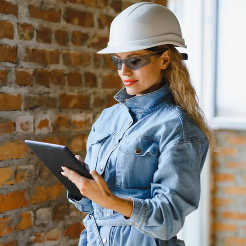 Bulk 150-Pack Safety Glasses To Stock Up The Squad, Lightweight Protective Eyewear worn for safety while using a tablet in a construction area.