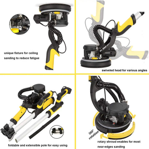 Dustless Drywall Sander With Vacuum Dust Collector Pro Grade 6.5 Amp 780W shown with swiveled head and foldable pole