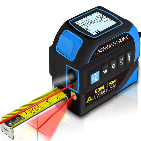 4 In 1 Laser Measure Tool With 60m Range Laser Distance Meter And 16Ft Self Locking Tape Cross Line Dual Axis Angle Finder Rechargeable Pro Grade Build Kit For Pros, black blue