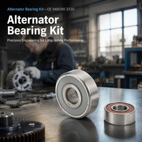 Pro Grade Alternator Bearing Kit With Small And Large Aluminum Alloy Bearings Compatible With Denso Units Oe 949100-5010 detailed view of bearings on a workbench.