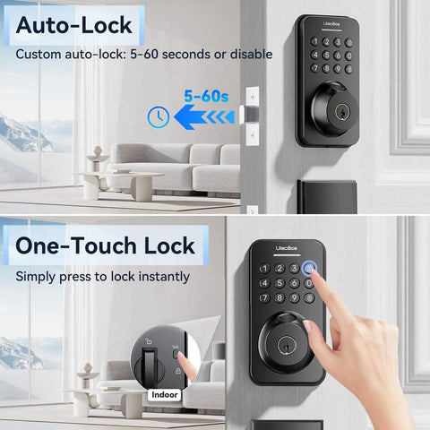 No Sweat Smart Fingerprint Door Lock With Lightning Fast Zero Lag App Unlock And Smooth Turn Handle Set In Glossy Black with auto-lock and one-touch lock features.
