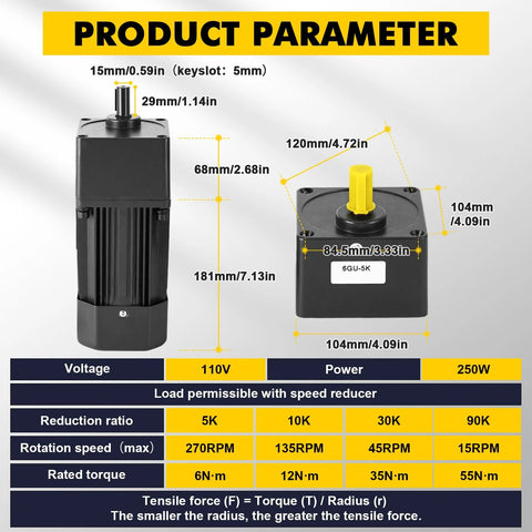 Front and side views of a 250W Amazon variable-speed AC motor with gearbox and bracket; black housing, yellow output shaft