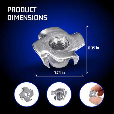 Stainless Steel T Nuts Quarter Twenty Inch 25 Pack Anti Corrosion Threaded Inserts Four Prong Tee Nut dimensions.