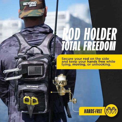 Compact Tackle Backpack For On The Go Fishing The Voyager Black Onyx with rod holder in outdoor setting