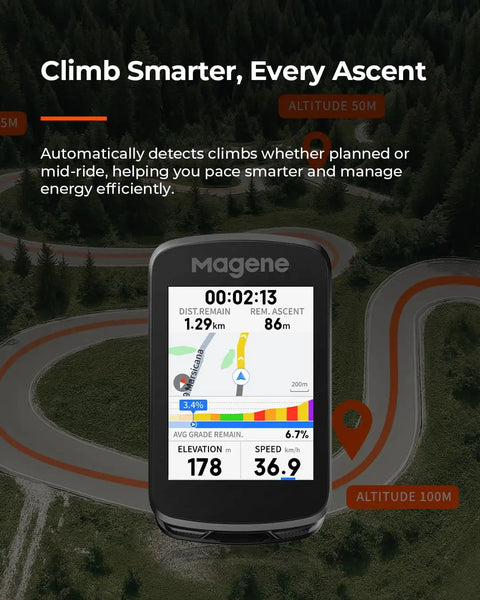 2.8 Inch Color GPS Bike Computer with ClimbPro Multi-Scenario displayed on a winding mountain road.