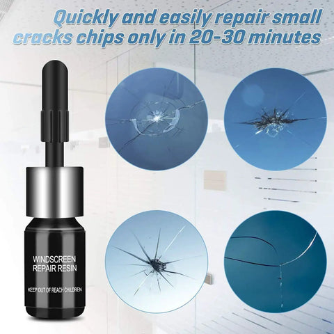 Three Pack Windshield Crack Repair Kit For Cars, Nano Glass Repair Fluid For Chips And Scratches. Bottle and crack examples.