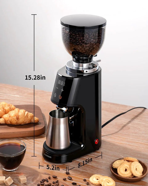 Premium 64Mm Flat Burr Coffee Grinder Featuring 100 Exact Grind Settings And Anti Static Technology For Smooth Daily Brews And Top Shelf Espresso Results In Matte Black, side view with coffee beans.