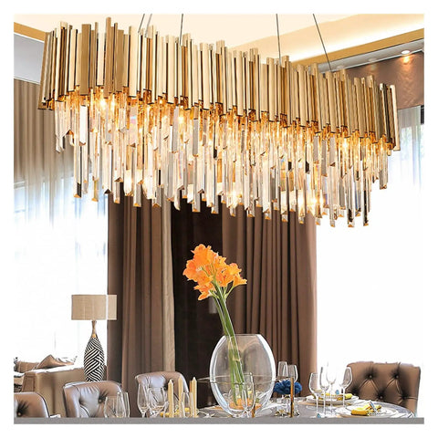 Dope Gold Metal Led Pendant Light With Sparkling K9 Crystals, showcasing crystal detail over dining table in elegant setting.