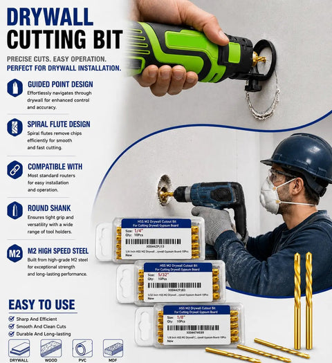 Heavy Hitter Titanium Nitride Coated Hss Rotary Tool Bits For Drywall Sheetrock And Plywood With Precision Sabre Tip For No Mess Outlet Box Trimming And Ceiling Tile Projects Rock Solid 100 Piece Set with drywall cutting bit in use.