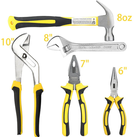 19 Piece Household Tool Kit Set With Pliers Screwdrivers Hex Keys And Wrenches Includes Storage Bag For Easy Home Repairs Pro Grade Durable Chrome Finish And TPR Handles For Comfortable Grip shown with hammer and pliers.