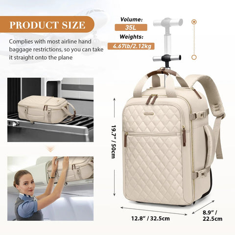 Apricot rolling laptop backpack for travel fits 17-inch space efficient 35L