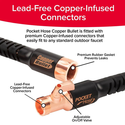 Lead-Free Copper-Infused Connectors on 50 Foot Expandable Garden Hose Featuring Tough Copper Blend Core And Adjustable 10 Spray Pattern Dial For Hassle Free Kink Free Backyard Watering Jobs.